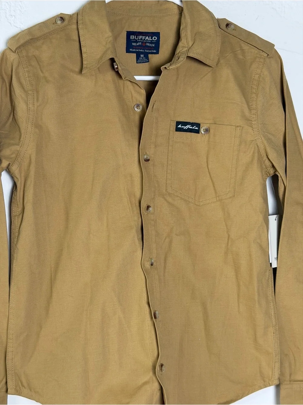 Buffalo David Bitton Boys Tan Button Down Utility Military Style Shirt - M